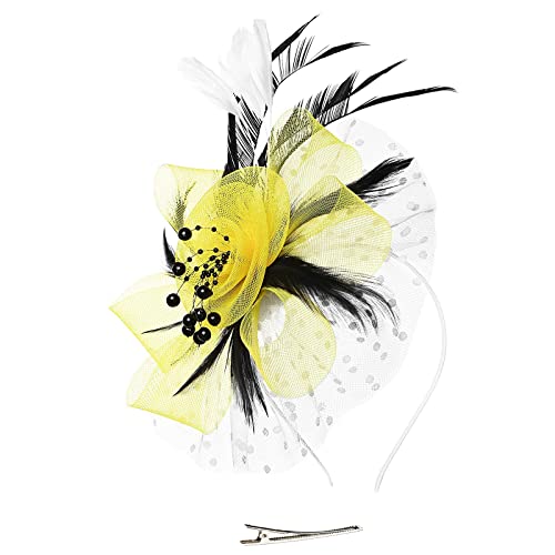 Stirnbänder, rutschfest, modischer Hut für Frauen, Hochzeit, Blume, Cocktail, Netz, Federn, Haarspange, Teeparty, Stirnband (b-gelb, Einheitsgröße) von Yinguo