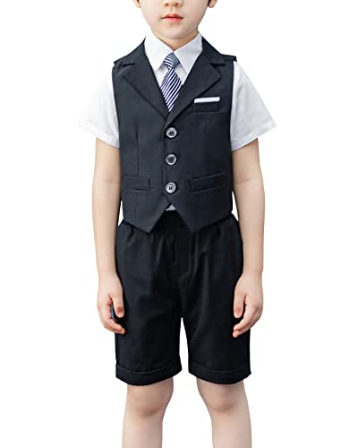 Yishengwan 4-teiliges Kinder Junge Anzug Sommer Hochzeit Anzüge, Weste + Kurzarm Hemd + Kurze Hose + Fliege, Gentleman Set Kinder Taufkleidung Anzug Schwarz 170 von Yishengwan