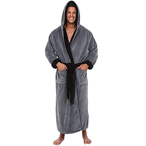 Yivise Herren-Bademantel aus weichem Fleece, mit Kapuze, leicht, Schalkragen, volle Länge, groß und hoch, Plüsch-Bademantel, grau, 48 Yivise Herren-Bademantel aus weichem Fleece, mit Kapuze, leicht, Schalkragen, volle Länge, groß und hoch, Plüsch-Bademantel, grau, 48 von Yivise