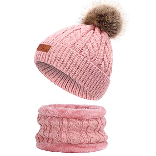 Yixda Baby Mütze Schal Set Mädchen Jungen Warm Fellbommel Beanie Hüte (A2-Dunkel Rosa) von Yixda