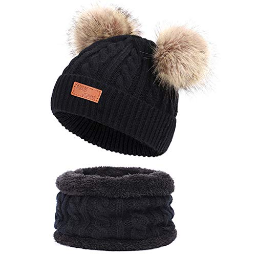 Yixda Baby Mütze Schal Set Mädchen Jungen Warm Fellbommel Beanie Hüte (B1-Schwarz) von Yixda