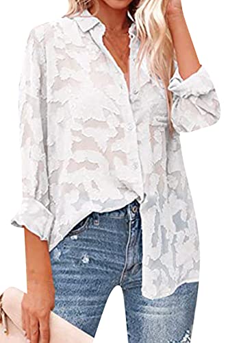 Yming Button Down V Ausschnitt Shirt Für Frauen Chiffon Langarm Shirts Lose Lässige Jacquard Oberteile Weiß XXL von Yming