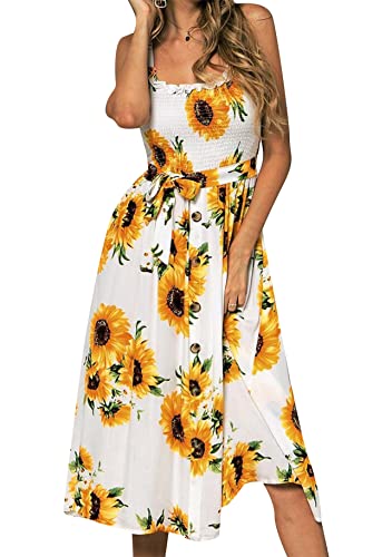 Yming Damen Ärmelloses Kleid Boho Strandkleid Blumenkleid mit Gürtel Sunflower White XL von Yming