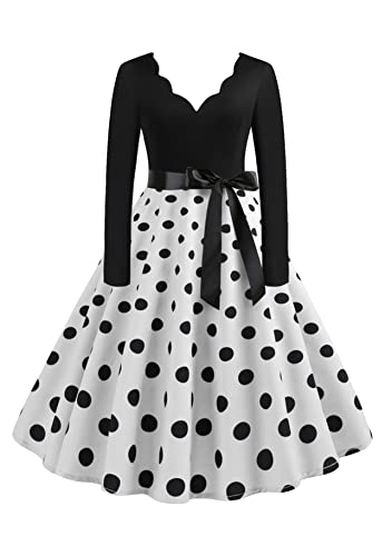 Yming Damen Audrey Hepburn Kleider Festival Swingkleider Festliche Kleid Langarm Rockabilly Kleider Weiß L von Yming