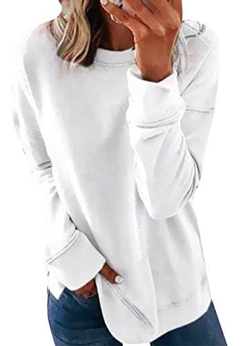 Yming Damen Einfarbig Sweatshirts Freizeit Tops Langarm Oberteil Baggy Sweatshirt Weiß S von Yming