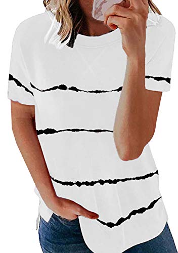 Yming Damen Freizeit Basic Shirt Casual Kurzarm Sommershirt Streifen Print T-Shirt Weiß L von Yming