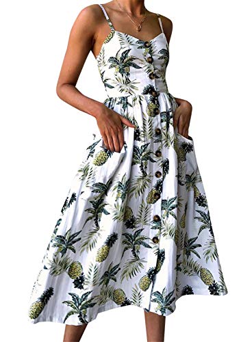 Yming Damen Kleid mit Blumendruck Sommerkleid Ärmelloses Kleid Strandkleid Weiß M von Yming