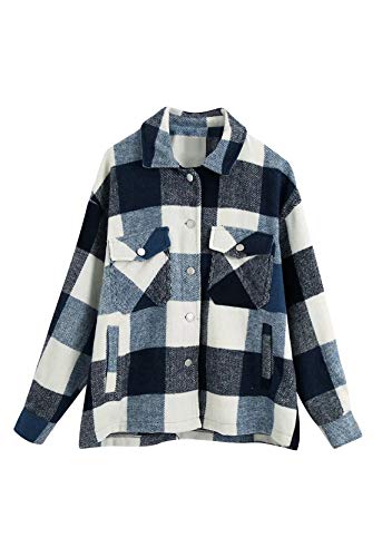 Yming Damen Plaid Holzfällershirt mit Brusttaschen Karohemd Langarm Blusenshirt F-Blau XXL von Yming