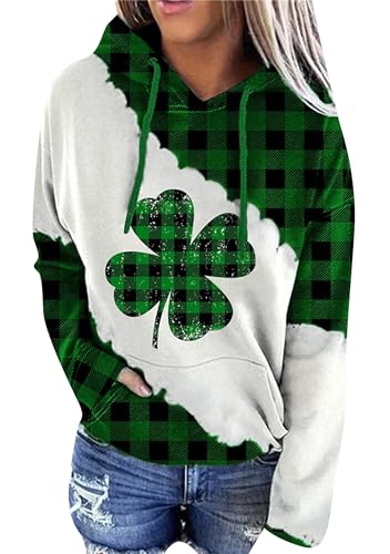 Yming Übergroßer Kleeblatt-Kapuzenpullover für Frauen Irischer St. Patrick's Day Plus Size Pullover mit Tasche Kariert 3XL von Yming