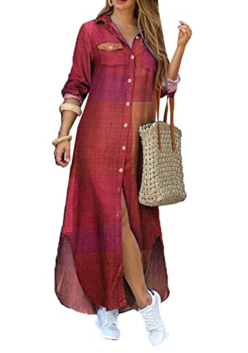 Yming Damen Revers Knöpfe Unten Blusenkleider Lose Aufgerollte Ärmel Kariertes Kleid Weinrot M Yming Damen Revers Knöpfe Unten Blusenkleider Lose Aufgerollte Ärmel Kariertes Kleid Weinrot M von Yming