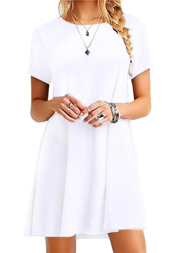 Yming Damen Kurzarm T-Shirt mit Rundhalsausschnitt Minikleid lässige Tunikaoberteile locker sitzendes Swingkleid Weiß XL von Yming