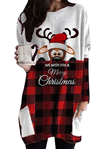 Yming Damen Rundhalsausschnitt Weihnachtshemden Holiday Sweatshirts Langarm Pullover Elch Weiß Kariert L von Yming