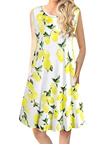 Yming Damen Sommerkleid mit Taschen Basic Hemdkleid Weste Urlaubskleid Retro Swingkleid Gelb Zitrone 3XL von Yming