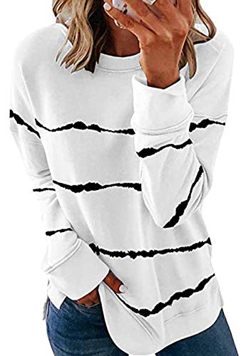 Yming Damen Streifen Bluse Lose Rundausschnitt Sweatshirt Langarm Frizeit Sweatshirts Weiß XS von Yming