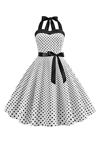 Yming Damen Swing Audrey Hepburn Stil Kleid Mit Gürtel 1950er Polka Dot Kleid Vintage Abendkleid Weiß XS von Yming