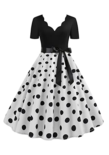 Yming Damen Elegantes Audrey Hepburn Kleid Kleid V-Ausschnitt Partykleid Casual Color Block Kleid Weiß XXL von Yming