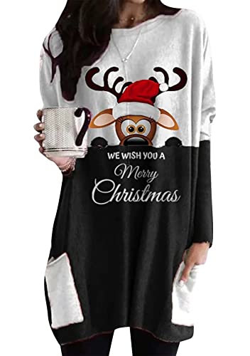 Yming Damen Weihnachtspullover Stitching Rentier Bedrucktes Bluse Langarm Pullover Elch Weiß Schwarz L von Yming