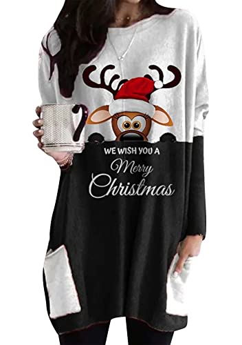 Yming Frau Sweatshirts Weihnachtsbluse Shirts Langarm Pullover mit Taschen Elch Weiß Schwarz S von Yming