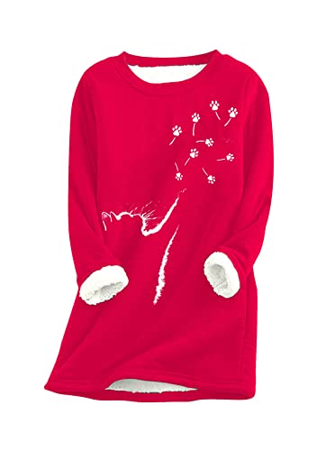 Yming Damen Pullover Fleece Sweatshirt Katzenpfotenmuster Bluse Sherpa Plüsch Loungewear Rot L von Yming