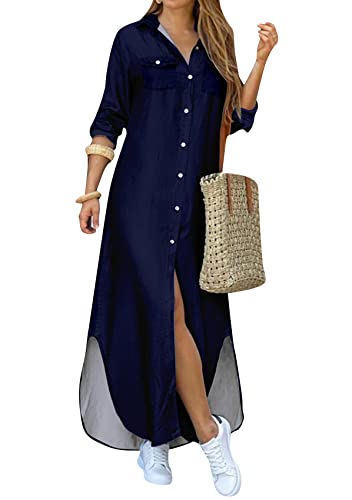 Yming Frauen Chic Button Down Roll Up Ärmel Langes Baumwollhemd Kleid Seitenschlitz Maxikleider CS ZANGLAN S von Yming