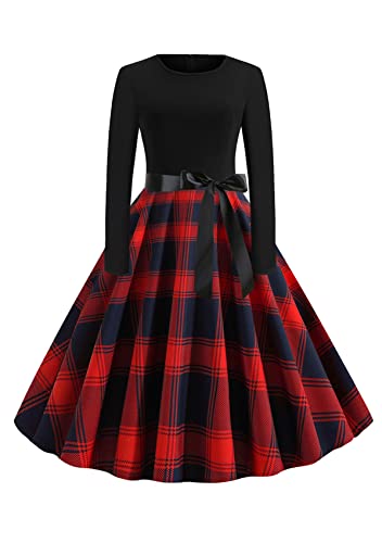 Yming Damen Langarm Kleid im Audrey Hepburn Stil Vintage Polka Dot Kleid mit Gürtel Color Block Party Kleid Rot Blau L von Yming