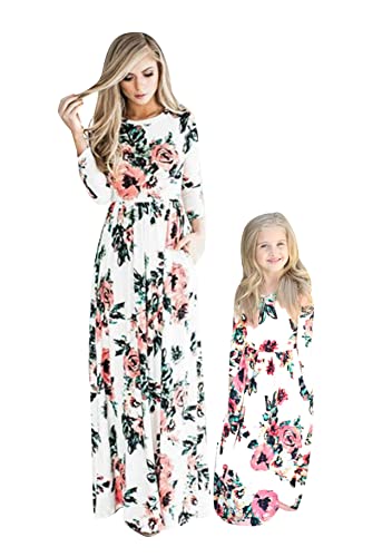 Yming Frauen Familiekleid Rundhals Freizeitkleid Langarm Blumenmuster Maxikleid Weiß Blumen M von Yming