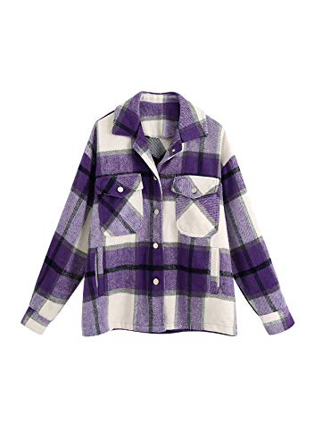 Yming Frauen Langarm Karierte Jacke Vintage Plaid Hemd Button Down Boyfriend Blusen F-Violett L von Yming