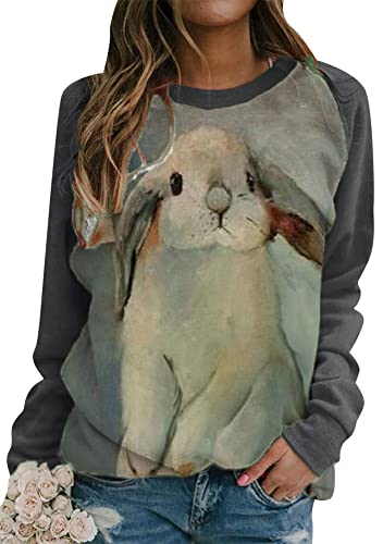 Yming Frauen Ostern Bunny Print Sweatshirts Langarm Sweatshirt O Neck Sweatshirt Grau Weiß 4XL von Yming