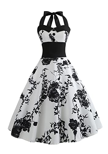 Yming Frauen Polka Punkt Cocktailkleid Audrey Hepburn Kleid Vintage Kleid Mit Elastischer Taille Neckholder Abendkleid Ärmellos Weiß Schwarz S von Yming