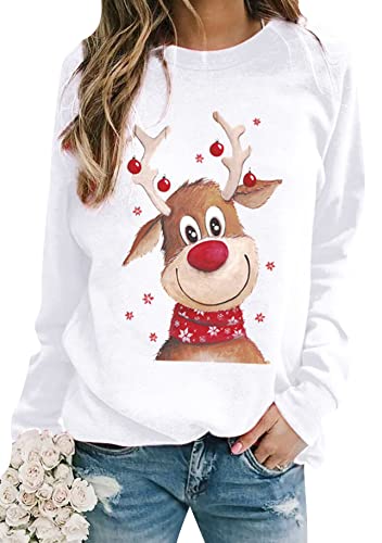 Yming Frauen Rundhals Pullover Weihnachten Bedruckt Sweatshirts Langarm Pullover Elch Weiß 3XL von Yming