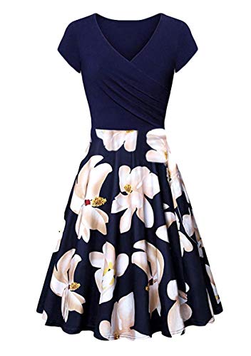 Yming Frauen V-Ausschnitt Kleid Elegant Kurzarm Kleid Sexy Knielang Kleid Blumen/Marineblau Weiß S von Yming