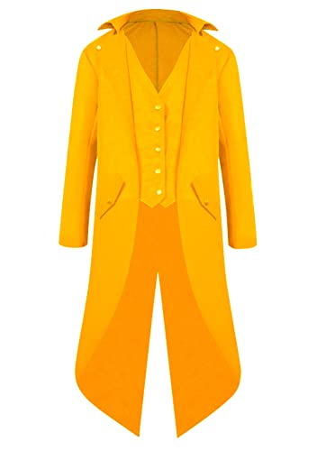 Yming Herren Gothic Steampunk Einreihiger Frack Vintage V Ausschnitt Jacke Viktorianische Kutte Halloween Mantel Uniform Rein Gelb S von Yming