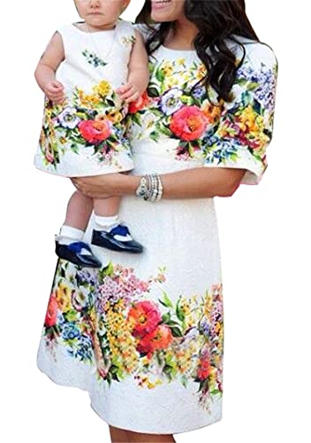 Yming Mutter und Tochter Lässiges Halber Ärmel Kleid O Ausschnitt Knielang Kleider Blumen Weiß XXL von Yming
