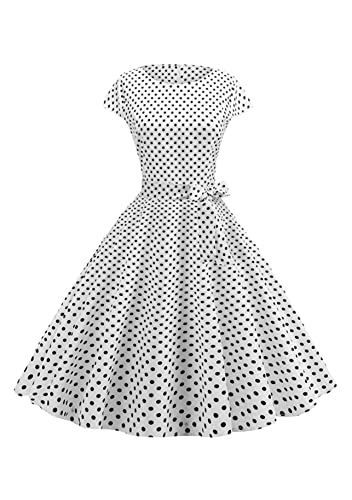 Yming Sommerkleid Polka Punkte A Linie Für Frauen Sexy Cocktailkleid Audrey Hepburn Kleid Hohe Taille Mit Gürtel Elegante Midikleider Weiß M von Yming