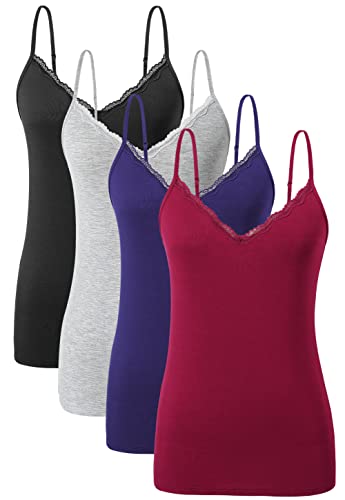 Ymmchy Damen Tanktop mit Spitzen Unterhemd Spaghettiträger Basic Top V-Ausschnitt Verstellbare Trägertop 4er Pack Schwarz/Grau/Dunkelblau/Weinrot XL von Ymmchy