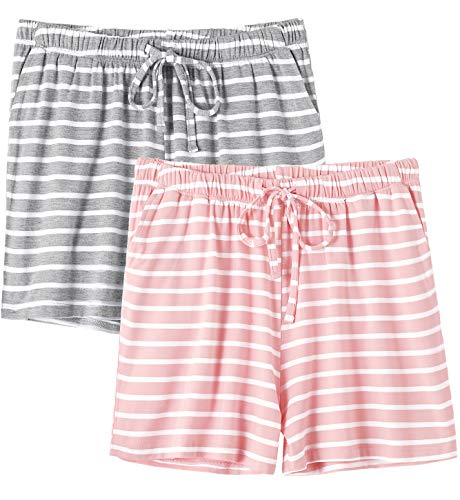 Ymmchy Nachtwäsche Kurze Hose für Damen Weiche Pyjama Shorts Unterteile mit Taschen und Kordelzug 2-Pack Gray Stripes/Pink Stripes M von Ymmchy