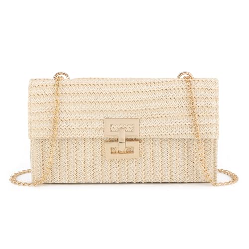 Ynport Stroh-Clutch-Geldbörsen für Damen, Sommer, gewebt, Abendhandtaschen, Korbgeflecht, Rattan, Umschlag, Geldbörse, Kette, Schultertasche 2024, Weiss/opulenter Garten, Einheitsgröße von Ynport