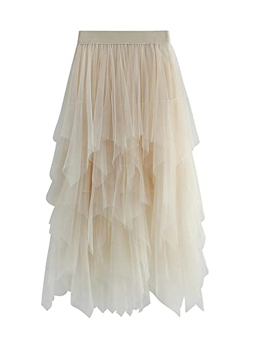 Damen A-Linie Unregelmäßige Mittellange Hohe Taille Tüllrock Einfarbig Elegant Elastische Taille Prinzessin Ballettkleid, A-apricot, Einheitsgröße von Yoisdtxc