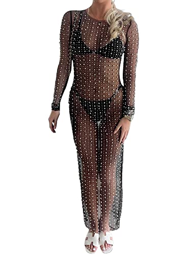 Damen Shimmer Sheer Mesh Cover Up Rock Ärmellos Quadratischer Ausschnitt Strand Strand Bikini Schlitz Mittellang Cover Up, B-schwarz, S von Yoisdtxc