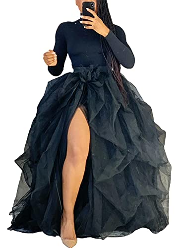 Damen-Tüll-Tutu, Lange Röcke, Bandage-Mesh-Maxikleid, Überrock, Bodenlanges Kleid, Halbkleid mit hoher Taille, A-Linie, Puff-Mesh-Maxi (B-Black, One Size) von Yoisdtxc