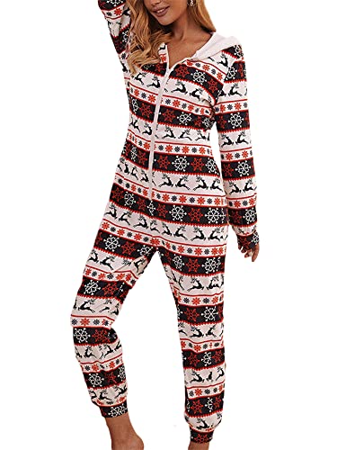 Damen Weihnachten Fleece Kapuze Kordelzug Pyjama Reißverschluss Sexy Weihnachten Grafik Print Jumpsuit, A-schwarz, rot, weiß, 36 von Yoisdtxc