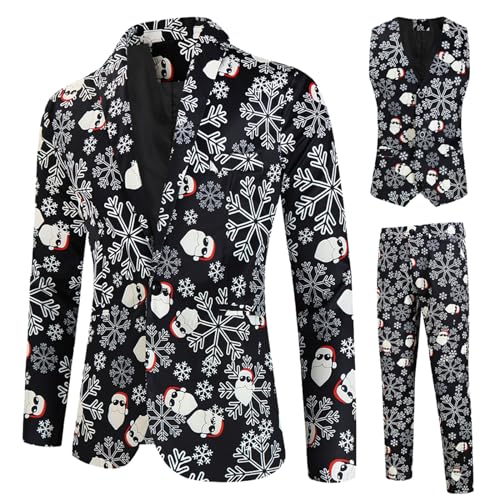 Yoisdtxc Männer Weihnachten Anzug Lustige Langarm Einreiher Jacke Blazer mit Weste Hosen Set Party Outfit, B-schwarz, XXXXL von Yoisdtxc