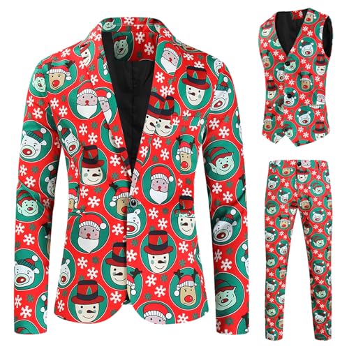 Männer Weihnachten Anzug Lustige Langarm Einreiher Jacke Blazer mit Weste Hosen Set Party Outfit, D-rot, XX-Large von Yoisdtxc