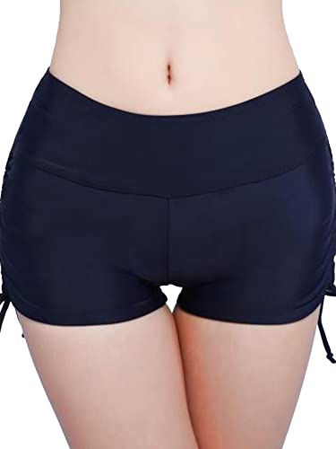 Yoisdtxc Damen-Badeshorts, hohe Taille, Kordelzug, gewellter Saum, einfarbig, für den Sommer, Schwimmen, Surfen, Strand-Shorts, C-marineblau, 52 von Yoisdtxc