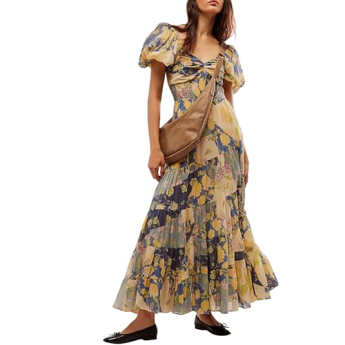 Yoisdtxc Damen Blumendruck Langes Kleid Kurze Puffärmel Herzausschnitt Tunika Taille A-Linie Kleid, A-orange rot, Medium Yoisdtxc Damen Blumendruck Langes Kleid Kurze Puffärmel Herzausschnitt Tunika Taille A-Linie Kleid, A-orange rot, Medium von Yoisdtxc