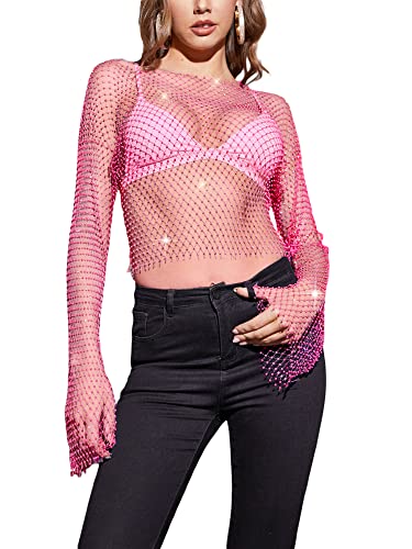 Yoisdtxc Frauen Ausschnitt Mesh Shirt Erwachsene Einfarbig Funkelnde Strass Rundhals Lange Ärmel Sheer Mesh Top Clubwear, A-Rose Red, Large von Yoisdtxc