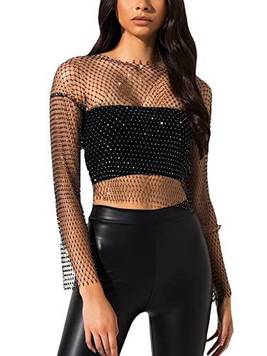 Yoisdtxc Damen Cutout Mesh Shirt Erwachsene Einfarbig Funkelnde Strass Rundhals Lange Ärmel Durchscheinendes Mesh Top Clubwear, A-schwarz, XS von Yoisdtxc