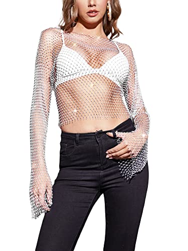 Yoisdtxc Damen Cutout Mesh Shirt Erwachsene Einfarbig Funkelnde Strass Rundhals Lange Ärmel Durchscheinendes Mesh Top Clubwear, A-weiß, M von Yoisdtxc