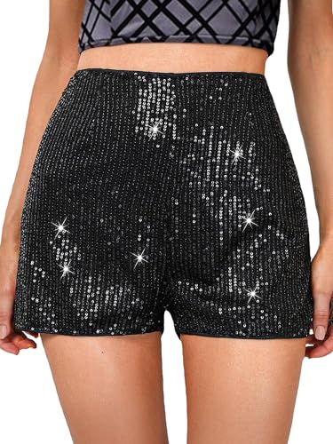 Yoisdtxc Damen Hohe Taille Glitzer Pailletten Shorts Mid Rise Glitter Hot Pants Stretch Straight Leg Party Shorts, A-schwarz, XL von Yoisdtxc