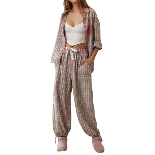 Yoisdtxc Damen-Pyjama-Set, kariert, langärmelig, Knopfverschluss, Hemd mit elastischer Taille, Hose, Nachtwäsche, Loungewear, A-Kaffee, 46 von Yoisdtxc